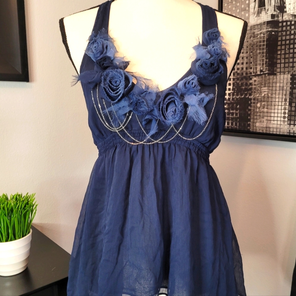 Abercrombie & Fitch•Navy Blue, Deep Plunge Halter Top w/Roses & Chains Medium